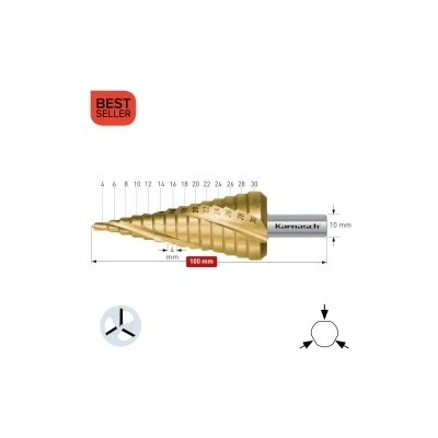 Karnasch Стъпално свредло Ø 4-30 mm (x 4 mm), HSS-XE TiN-Gold, 3x спирален канал, BESTSELLER (213003)