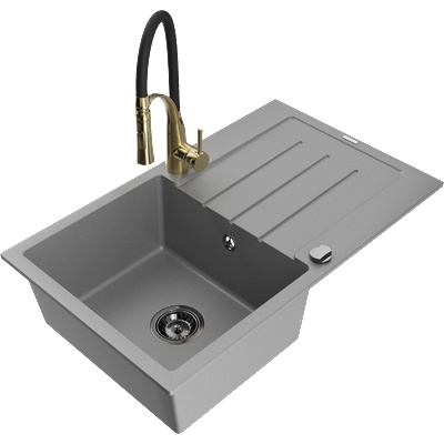 Mexen Bruno еднокамерен гранитен мивка с отцедник и кухненски смесител Aster, сив - 6513-71-73450-57-B (6513-71-73450-57-B)