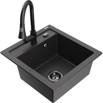Mexen Vito гранитна мивка с 1 корито и кухненски смесител Elia, черна на петна - 6503-76-670101-70-B (6503-76-670101-70-B)