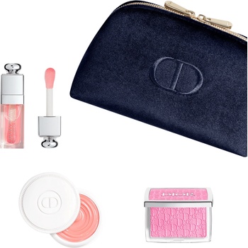 Dior Комплект за блясък Natural Glow Ritual Christian Dior: Backstage Rosy Glow компактна пудра руж 001 розов 4.6 г + Addict гланцово масло за устни 001 розов 6 мл + Abricot укрепващ крем за нокти 8 г + текстилна чантичка за грим синя
