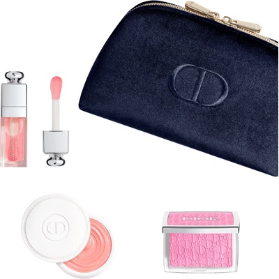 Dior Комплект за блясък Natural Glow Ritual Christian Dior: Backstage Rosy Glow компактна пудра руж 001 розов 4.6 г + Addict гланцово масло за устни 001 розов 6 мл + Abricot укрепващ крем за нокти 8 г + текстилна чантичка за грим синя