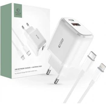 Tech-Protect Адаптер Tech-Protect C20W, USB-C PD 20W / USB-A QC 3.0, с USB-C / Lightning кабел, бели