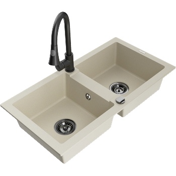 Mexen Mario гранитна мивка с 2 отделения с кухненски смесител Elia, бежов - 6504-69-670101-70 (6504-69-670101-70)