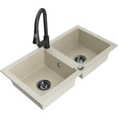 Mexen Mario гранитна мивка с 2 отделения с кухненски смесител Elia, бежов - 6504-69-670101-70 (6504-69-670101-70)