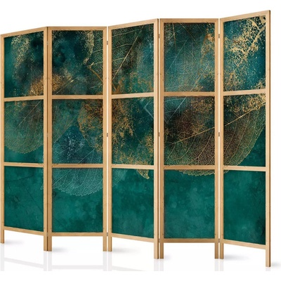 Fabulo Dřevěný paraván 5-dílný Zlaté listy 172 x 225 cm potisk na jedné straně paravánu
