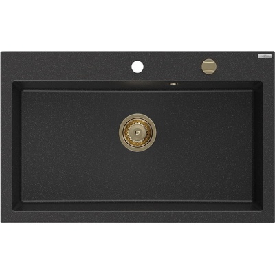 Mexen Elix гранитна мивка с 1 отделение 800 x 500 мм, черно/сребрист металик, златен сифон - 6527801005-73-G (6527801005-73-G)