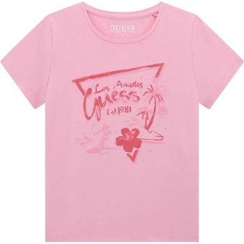 GUESS Тениска за момиче в розово с розов надпис Guess и палми