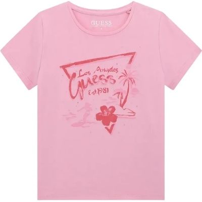 GUESS Тениска за момиче в розово с розов надпис Guess и палми