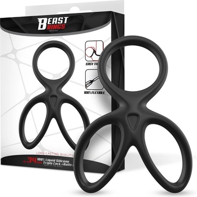 Beast Rings Triple Penis & Testicles Ring Liquid Silicone Black