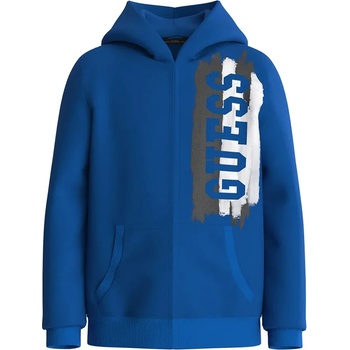 GUESS Син спортен суичър за мини момче с цип и качулка, с голям контрастен надпис Guess