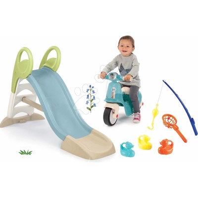 Smoby Set šmykľavka s vodnou hrou a odrážadlo motorka Toboggan GM Slide Life dĺžka šmyku 150 cm a rybárska udica s kačičkami