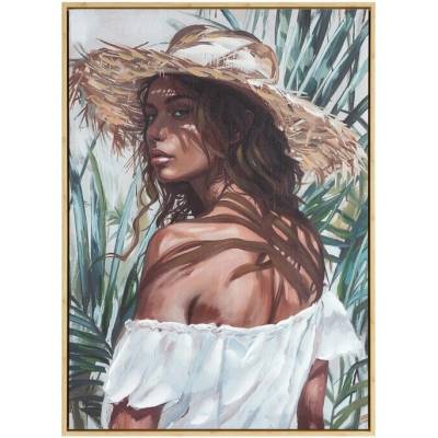 Ručne maľovaný obraz na plátne s motívom ženy medzi palmami 50x70cm - svetlohnedý