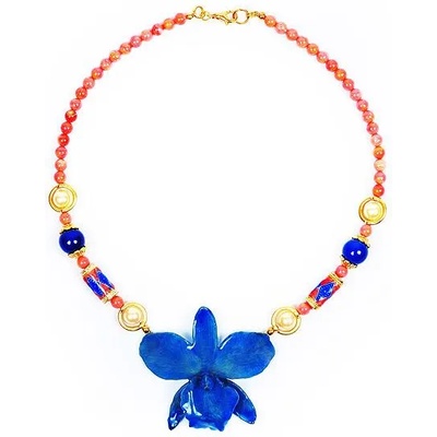 Dannyra Колие с естествена орхидея, корали, перли, ахат, мъниста клоазоне Rea Blue Dannyra Jewels