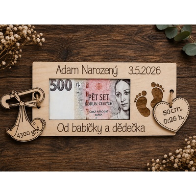 Dekorace z Řečice Dřevěná dárková karta na peníze k narození dítěte ♥️