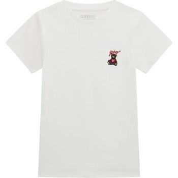 GUESS Едноцветна бяла тениска за момиче с малко бродирано мече за акцент Guess