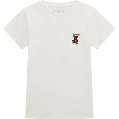 GUESS Едноцветна бяла тениска за момиче с малко бродирано мече за акцент Guess