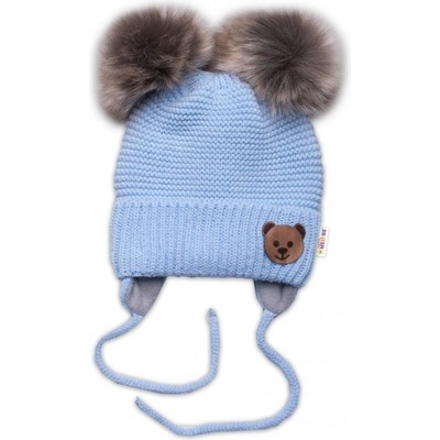BABY NELLYS Zimná čiapka s fleecom Teddy Bear chlupáčk. bambuľky sv. modrá šedá