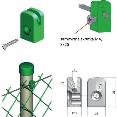 Úchytka napínacieho drôtu so skrutkou M4, zelená RAL 6005