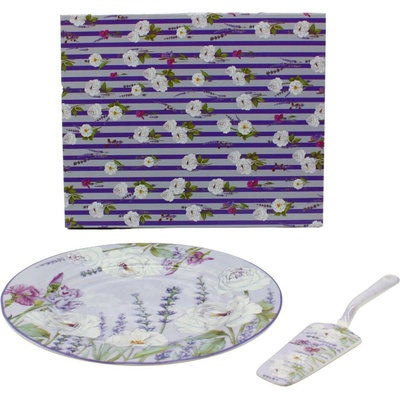 Home Elements Porcelánový kulatý talíř se lžící na dort fialový 27 cm