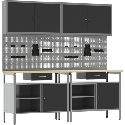 vidaXL Комплект работна маса с чекмедже с рафт 8 pcs Черен и Сив (3321494)