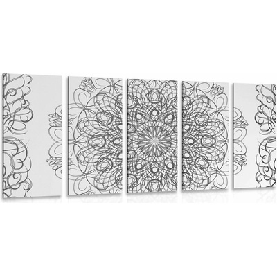 5-dílný obraz abstraktní květinová Mandala v černobílém provedení - 150x75