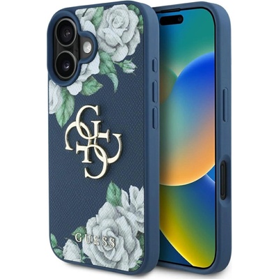 GUESS Калъф Guess Grained Roses Big 4G logo за iPhone 16 - син