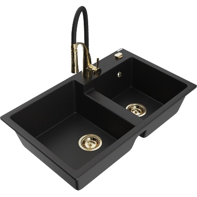 Mexen Tomas гранитна мивка с 2 камери и кухненски смесител Aster, черен - 6516-77-73450-57-G (6516-77-73450-57-G)