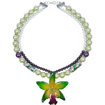 Dannyra Колие с естествена орхидея, перли Майорка, мъниста клоазоне Green Oriental Queen Dannyra Jewels