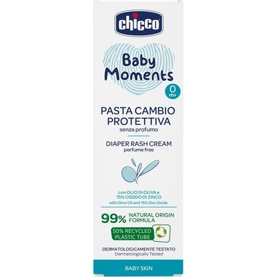 CHICCO Krém na dětský zadeček Baby Moments bez parfému s 99% přírodních složek 100 ml, 0m+