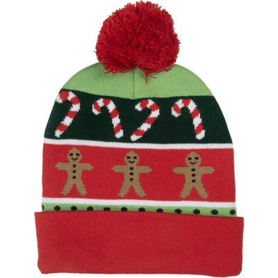 Červeno-zelená vánoční čepice kulíšek s panem Perníčkem a Candy Cane