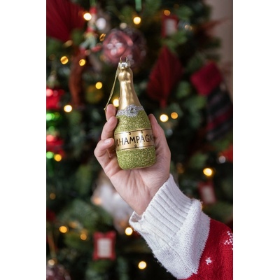Clayre & Eef Zelená vánoční skleněná ozdoba láhev šampaňské Champagne Ø 4*12 cm