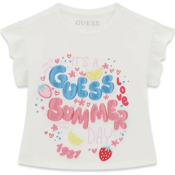 GUESS Бяла тениска за мини момиче с многоцветни надписи Guess Summer