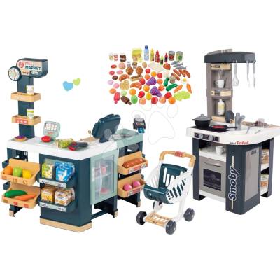 Smoby Set obchod elektronický smíšené zboží s chladničkou Maxi Market a kuchyňka Tefal se zvuky a potravinami
