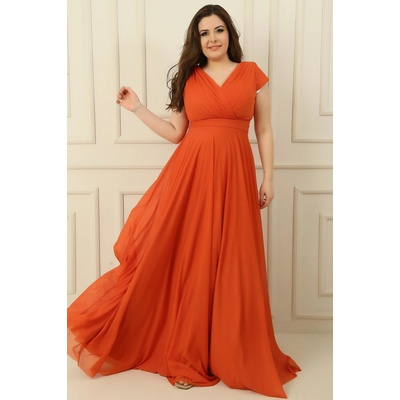 By Saygı Double Breasted Neck Lined Nail Sleeve Full Circle Flared Chiffon Tulle Plus Size Long Dress