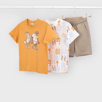 Mayoral Комплект 2 тениски бяла и оранжева с щампи и къси бежови панталони за мини момче Mayoral