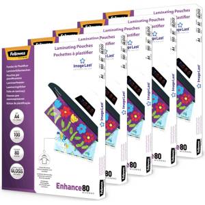 Fellowes Laminating Sheets A4, glossy, laminating film with 80 mic per side, featuring ImageLast alignment aid, for hot lamination, value pack with 500 high-quality laminating sheets (5 packs of 100 sheets eac