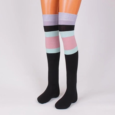 Черни 7/8 чорапи с трицветни ленти в лилаво, синьо и розово