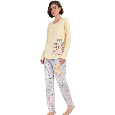 Дамска пижама в жълто и сиво с апликация слончета