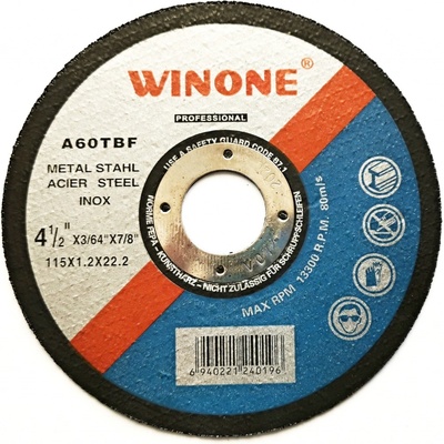 Vyrobeno v P.R.C. Řezný kotouč Winone A60TBF na železo 115x1,2x22,2mm