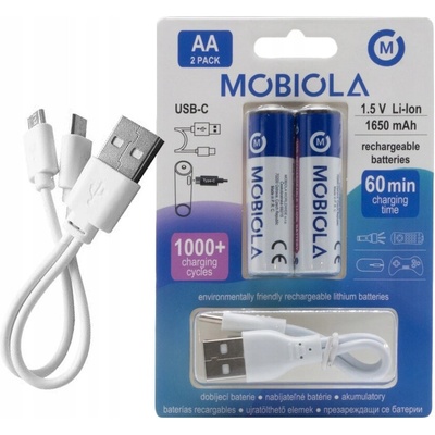 Mobiola MBAA1650, USB-C nabíjateľné Li-Ion batérie, AA, 1650mAh 2 ks/blister