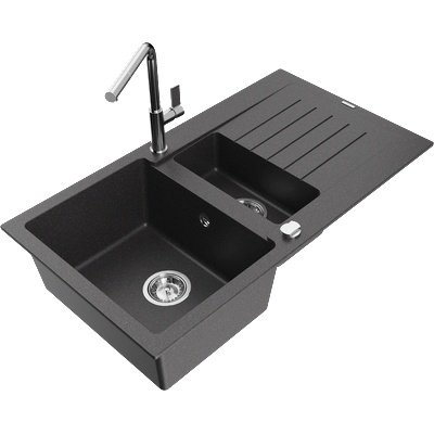 Mexen Matias гранитна мивка 1, 5-камерна с отцедник и кухненски смесител Flora, черно на пръски - 6502-76-670401-00 (6502-76-670401-00)