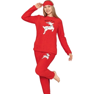 Пухкава дамска коледна пижама в червено с елен