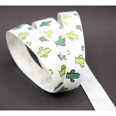 Rypsová stuha s kaktusmi - biela, zelená - šírka 1,5 cm