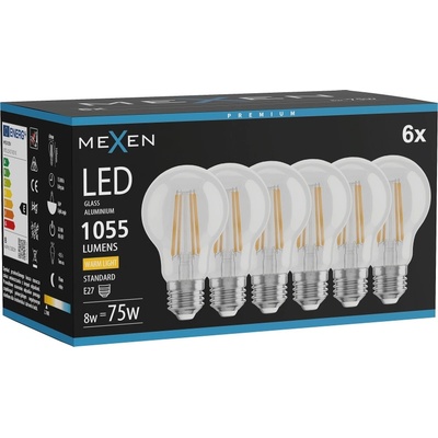 Mexen Vintis 6x LED филамент крушка E27, A60, 8W, Топла - 2700K, 1055 lm, прозрачна (L150-E27-0827-00x06)