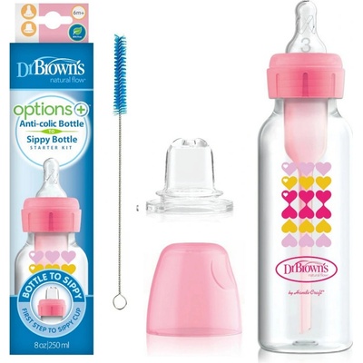 Dr.Browns dojčenská antikoliková fľaša Options Wide Neck plastová 2v1 ružová s náustkom WB91604 270ml