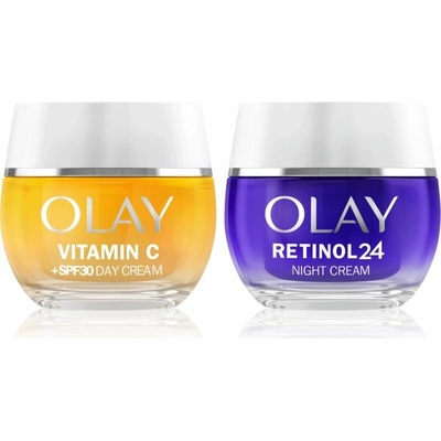 Olay Vitamin C Day Cream hydratačný denný krém s vitamínom C 50 ml + Olay Retinol 24 Night Cream hydratačný a obnovujúci nočný krém s vitamínom E 50 ml
