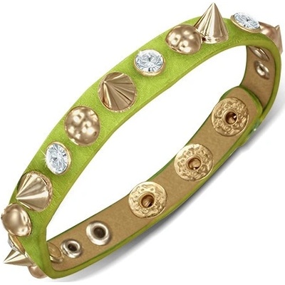 Šperky eshop kožený zelený proužek s polokoulemi hroty a zirkony AB22.19