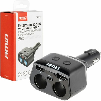 Dvojitá prodlužovací zásuvka 2xUSB 1xUSB C 12/24V max 200W AMIO-04173, , , | Zboží Auto