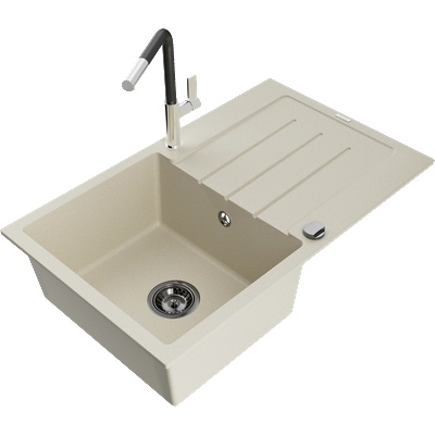 Mexen Bruno кухненска мивка гранитова 1-камора с отцедник и кухненски смесител Flora, бежов - 6513-69-670401-07-B (6513-69-670401-07-B)