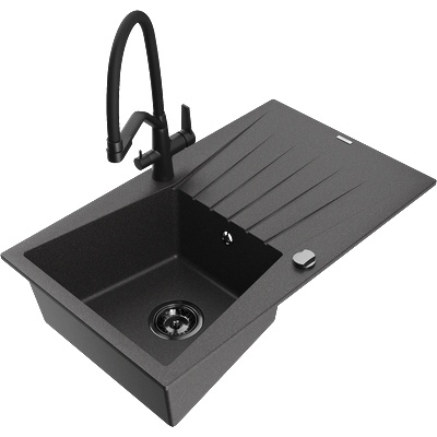 Mexen Cesar гранитна мивка с 1 отделение с отцеждач и кухненски смесител Дуо, черен с пръски - 6514-76-671701-70-B (6514-76-671701-70-B)
